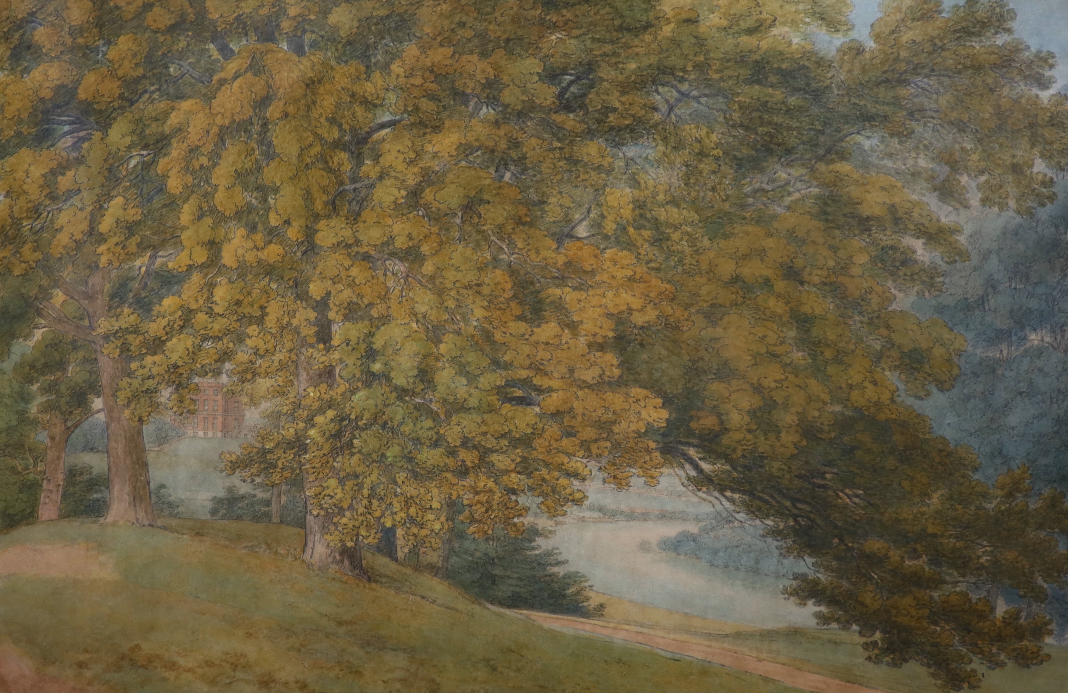 Thomas Hearne (British, 1744-1817), Moccas Court, Herefordshire, a view of the house and the River Wye through trees, watercolour, 35 x 50cm